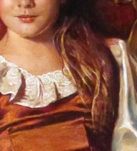 A painting of a young person with brown hair, dressed in historical clothing featuring a white lace collar and an orange-brown garment.