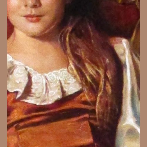 A painting of a young person with brown hair, dressed in historical clothing featuring a white lace collar and an orange-brown garment.