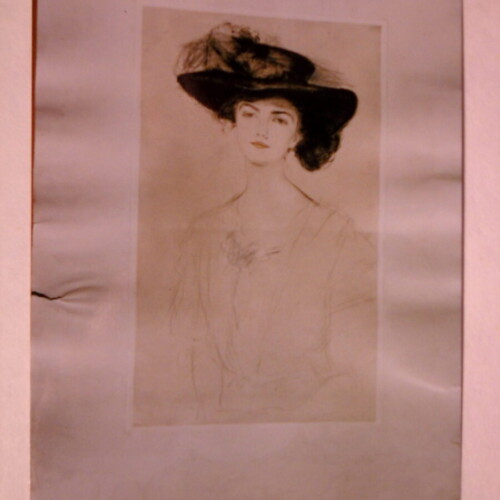 A sketch of a woman wearing a large hat, with faint outlines and minimal shading, displayed against a beige background.