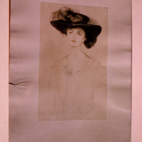A sketch of a woman wearing a large hat, with faint outlines and minimal shading, displayed against a beige background.