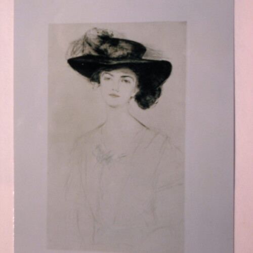 An old portrait of a woman wearing a large hat with a feather, displayed in a simple rectangular frame.