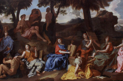 After Clenaing A classical painting depicting a group of people in ancient garments, some seated and some standing, in a natural outdoor setting.