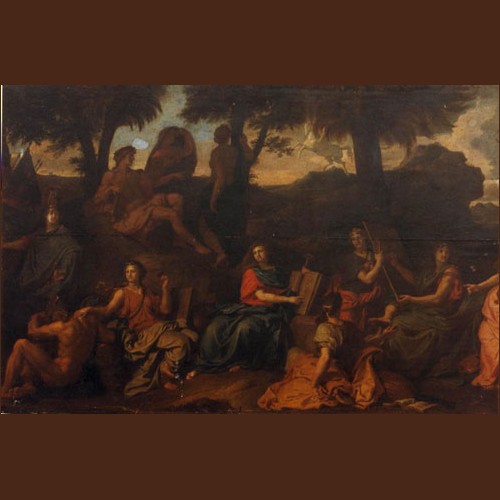 Oil On Wood Panel Before Cleaning A classical painting depicts a group of people in an outdoor setting, engaged in various activities under a tree-filled, evening sky.