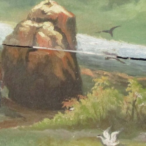 A painting depicts a person with a hat and a walking stick near a large rock, surrounded by trees and birds, with mountains in the background.