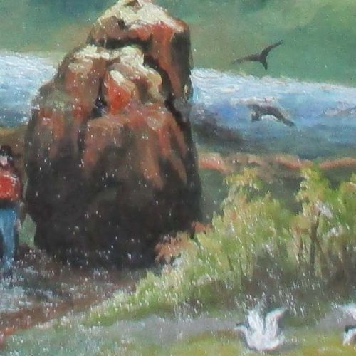 A person with a backpack and walking stick stands near a large rock by a body of water, surrounded by flying birds and greenery.